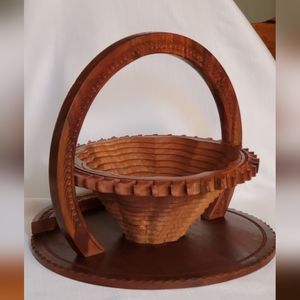 Vtg Handcraft Wood Bowl/Basket Collapsible Handle Gorgeous